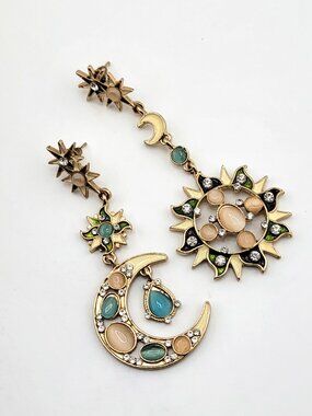 Celestial Sun Moon Asymmetrical Earrings Crystal Gold Tone Betsey Style Statemen